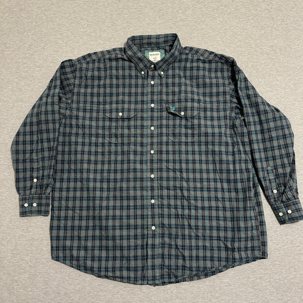 Rough Stock Panhandle Slim Plaid Western Button Down Shirt Navy Teal Mens XXL